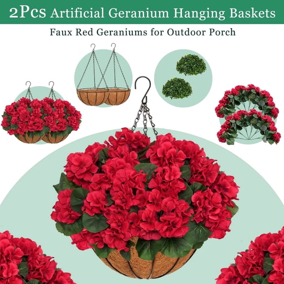 2 Sets of Outdoor Artificial Geranium Flowers with Hanging Baskets, 12Pcs of Red Geranium Fake Flowers, Christmas Front Porch Garden Terrace Home Decoration (2, Red)