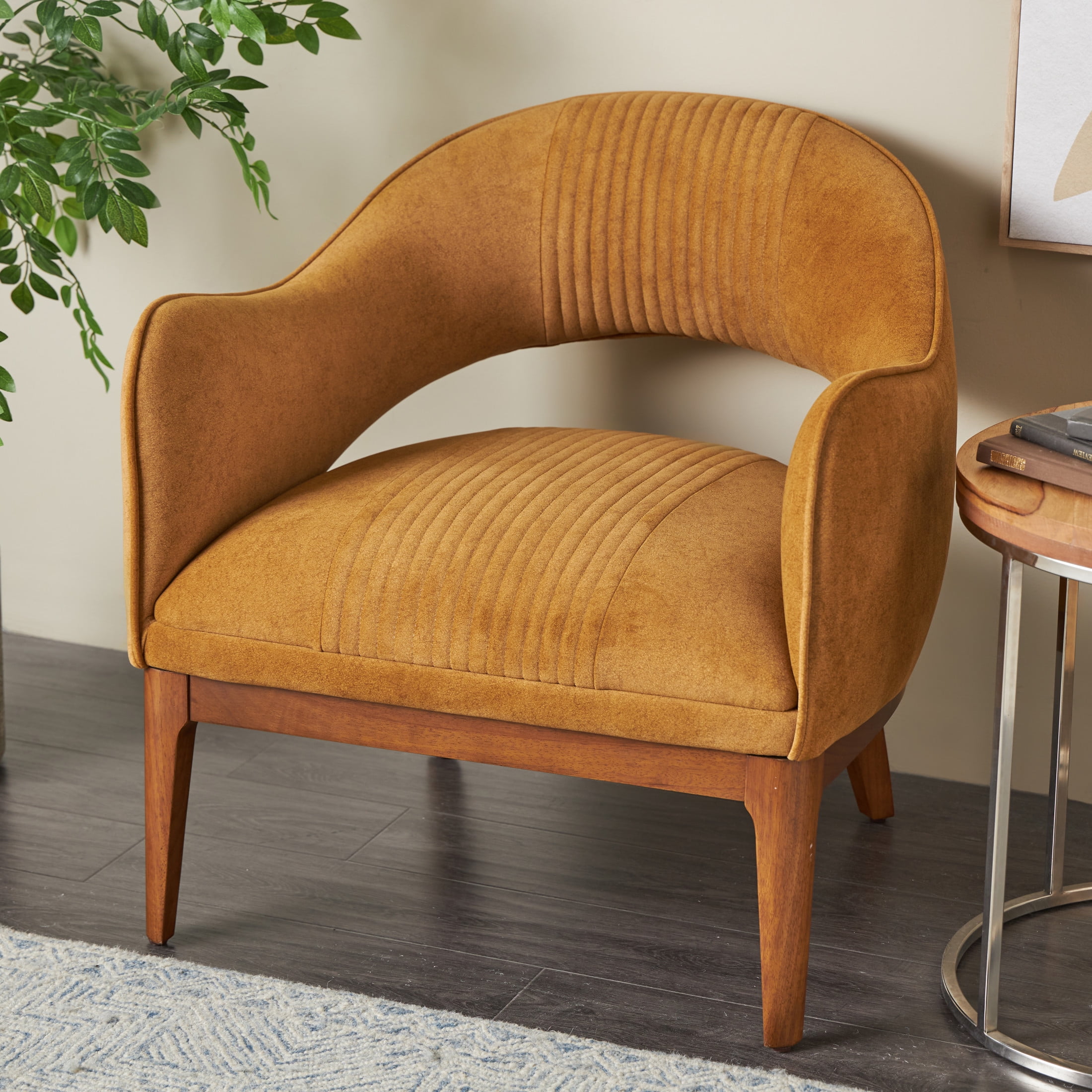 DecMode Polyester Curved Back Lounge Chair with Wooden Frame, Brown