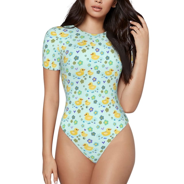 Fotbe Duck Cartoon Body de Mujer con Cuello Redondo y Mangas Cortas, Sin Mangas Ajustado, Suave, Cómodo y Básico-XX-Large