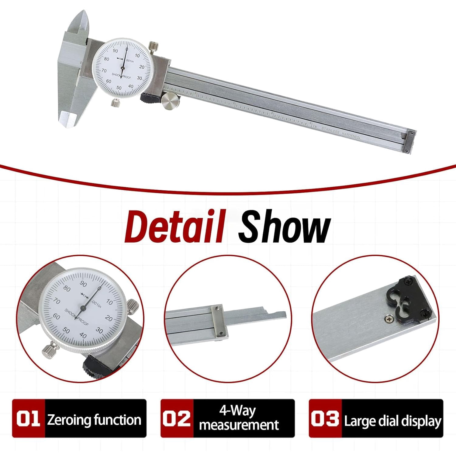 6" Dial Caliper 0.001 Stainless Steel Caliper Measuring Tool 4-Way Measurement with Plastic Case