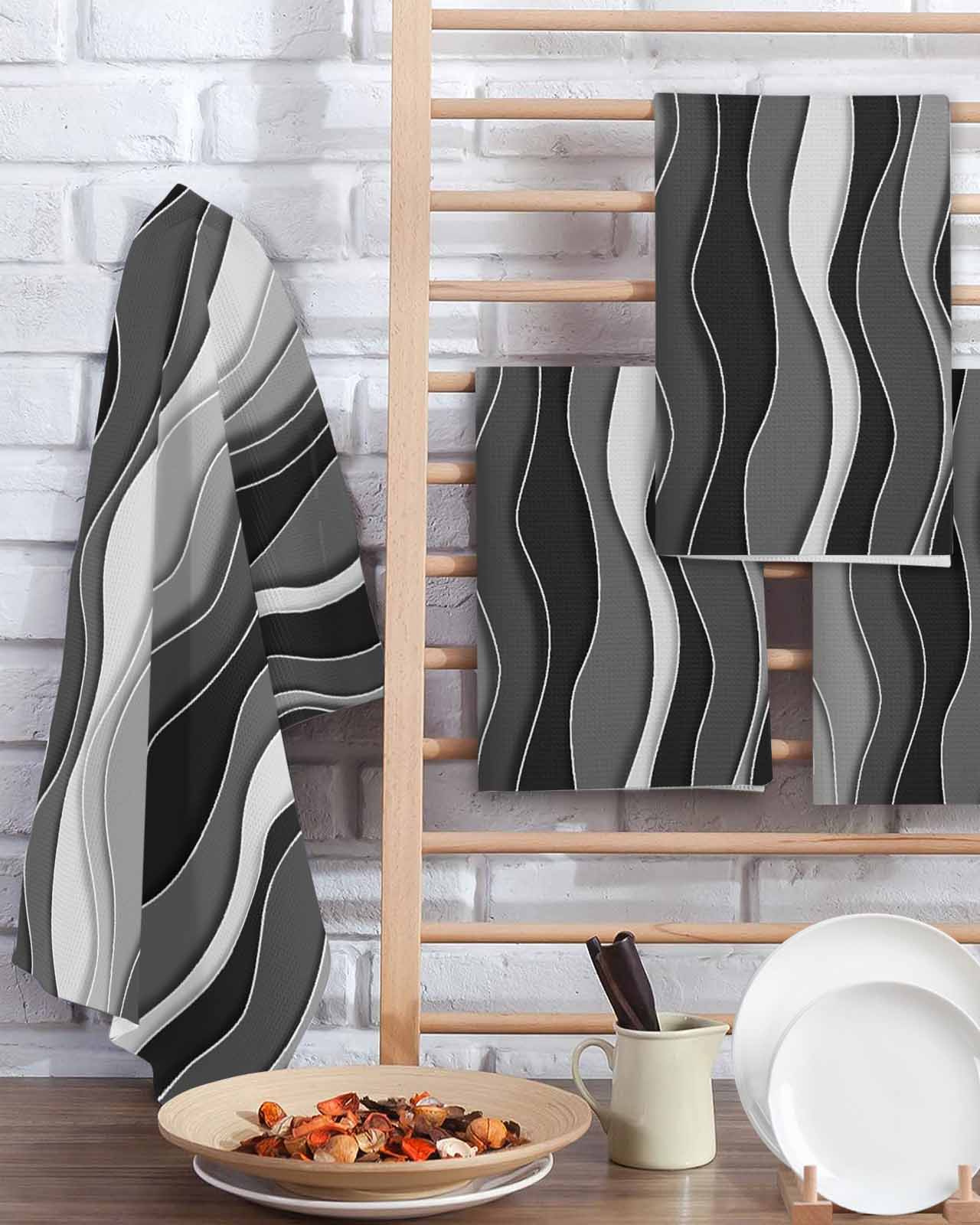 Black Stripes Kitchen Dish Towels for Drying Dishes Set of 3, Modern Simple Greyish Gradient Lines Waffle Weave Microfiber Terry Hand Tea Bathroom Towels Quick Dry & Absorbent Towel 15.7x23.6