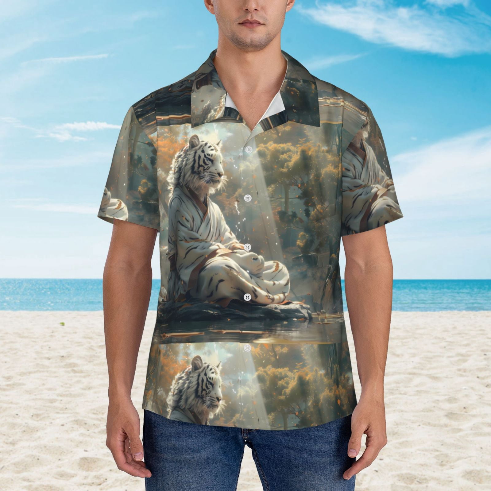 Logiee Forest Meditating White Tiger Print Mens Hawaiian Shirts,Loose-Fit Short Sleeve Button Down Tropical Aloha Beach Shirt,Summer Vacation Wedding Tops,Medium