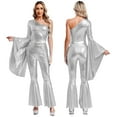 thumbnail image 6 of iiniim Womens 70s Vintage Disco Dance Metallic Shiny One Shoulder Flare Jumpsuits Clubwear Silver XXL, 6 of 7