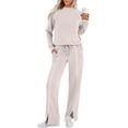 thumbnail image 5 of AHTJRT Women's Tracksuits Striped Crewneck Long Sleeve Tops Drawstrings Side Slit Pants 2 Pieces Athletic Sets Casual Fall Spring Sweatsuits Beige M, 5 of 7