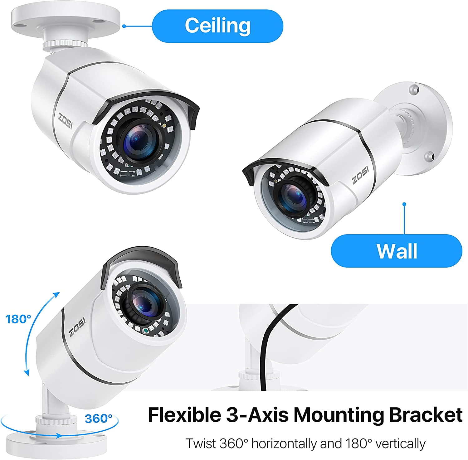 ZOSI 1080p Security Camera, 4 Pack White Bullet Wired Surveillance Camera for Outdoor, Night Vision