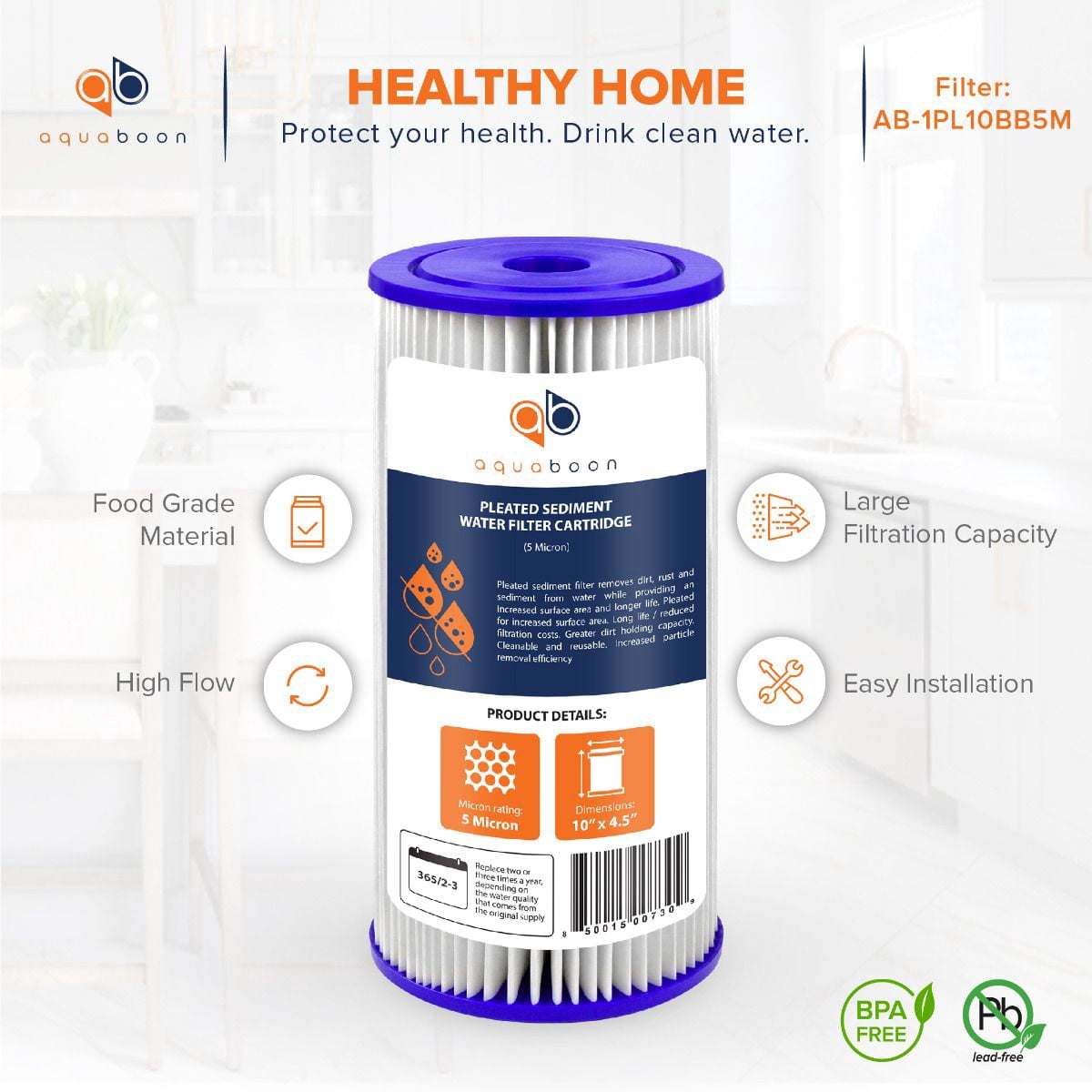 Aquaboon 5 Micron 10" Pleated Sediment Water Filter Replacement Cartridge | Whole House Sediment Filtration | Compatible with FXHSC, ECP5-BB, FM-BB-10-5, CP5-BBS, 255490-43, HDC3001, 20-Pack