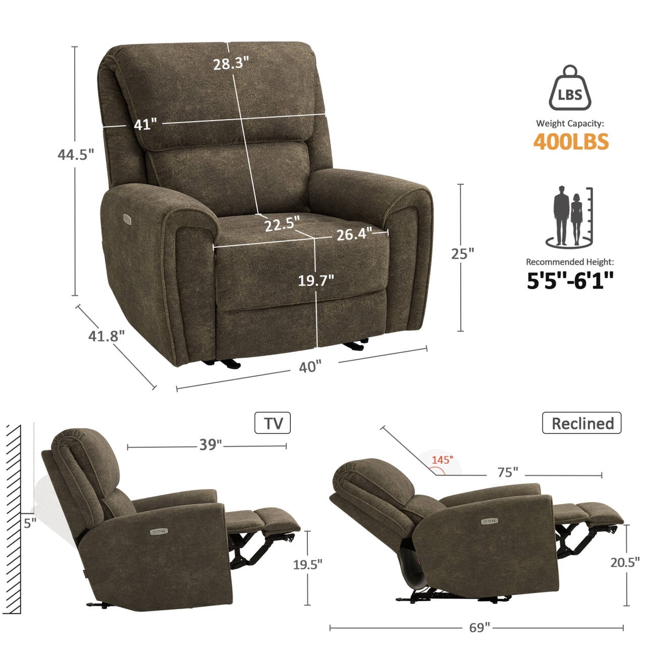 MCombo Oversized 400lbs Power Recliner Chair for Adults, Dark Grey
