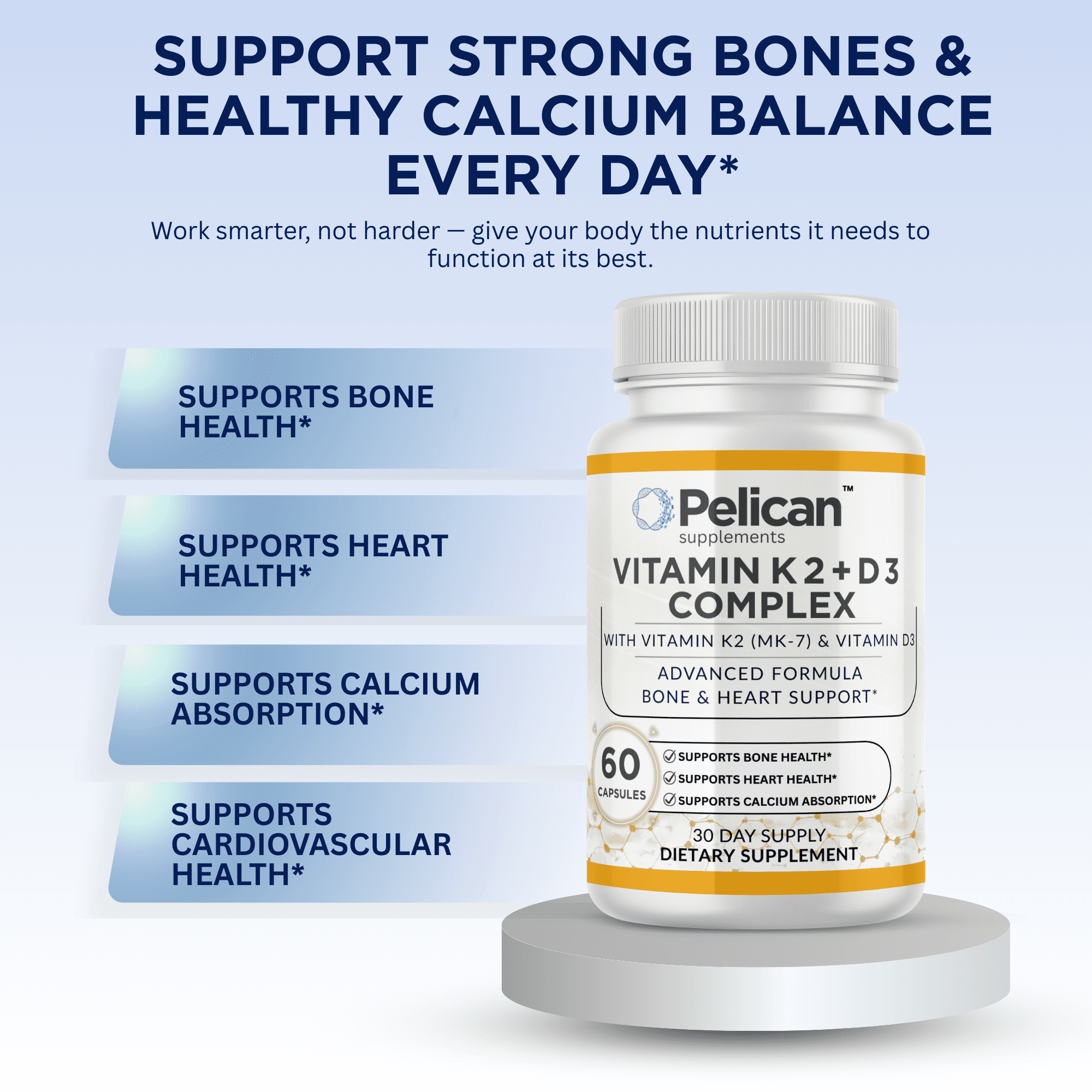 Pelican Vitamin K2 + D3 Complex – Bone & Heart Support Formula with MK-7 & Vitamin D3 – 60 Capsules