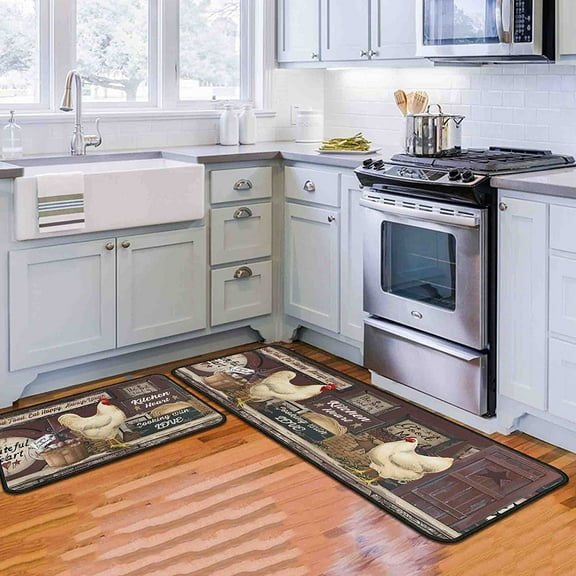 Kitchen Rugs Farmhouse Style for Floor, Rooster Kitchen Rug, Non-Slip Backing Kitchen Mat Set of 2 Washable Kitchen Rug Sets with Runner for Home Kitchen 17"x47.2" 17"x30"