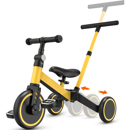 tntants 4 in 1 toddler bike, kids tricycle for 1-5 years old, toddler tricycle for boy girl, baby balance bike with parent steering push handle, removable pedal, adjustable seat yellow
