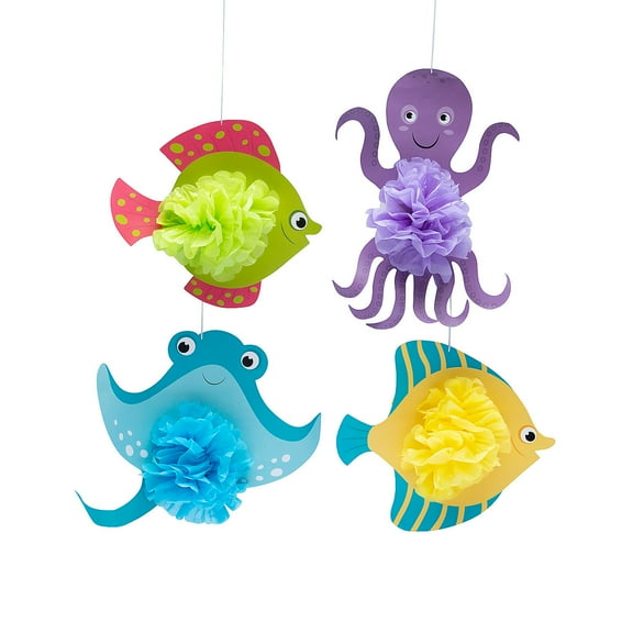 Under the Sea Hanging Tissue Paper Pom-Pom Decorations, Party Decor, Birthday, 4 Pieces
