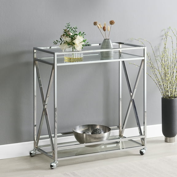 Convenience Concepts Oxford Chrome Glass Bar Cart with Shelf, Glass/Chrome