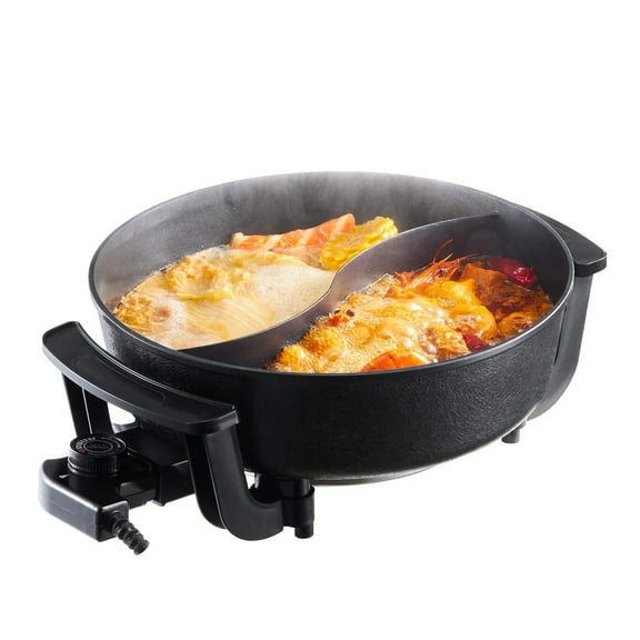 Double-sided electric hot pot, quick heating, variable temperature control design, non-stick cooking surface, with a divider, with a transparent pot cover, easy to clean