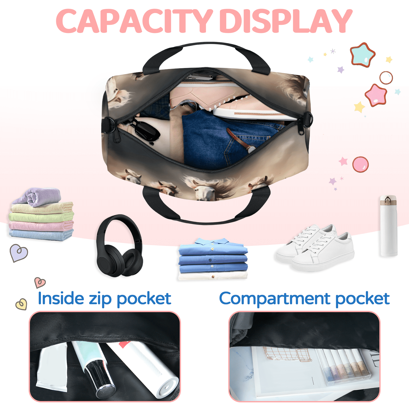 Herdesigns Running Horse Gym Bag for Women, Duffle Bag for Travel Sport, Lightweight Waterproof Carry on Weekender Overnight Dance Yoga Workout Bags