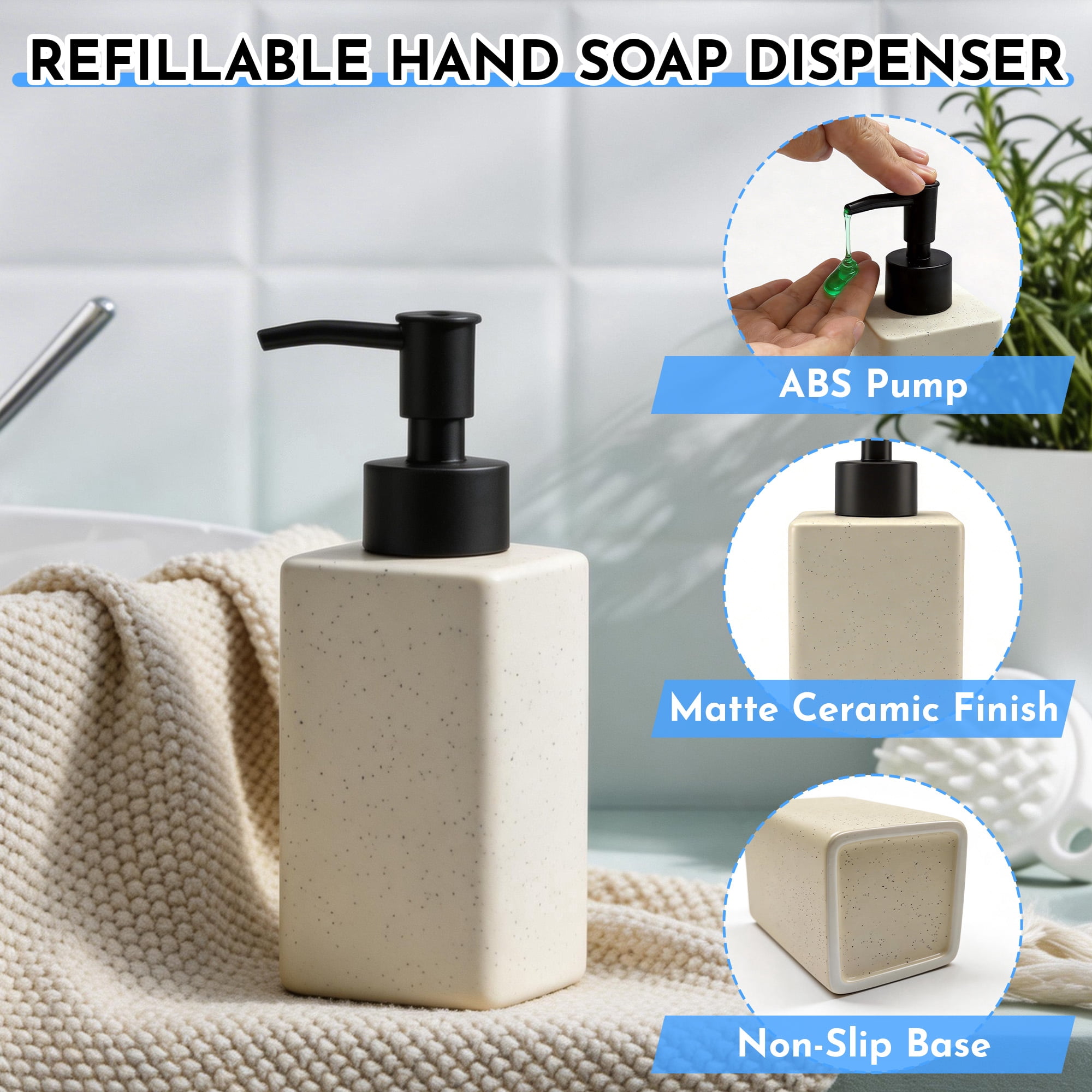 Soap Dispenser for Bathroom Kitchen, Ceramic Hand Soap Dispenser with Stainless Steel Pump, 11 oz/330ml Refillable Dish Dispensers for Hand soap, Lotion, Body Wash