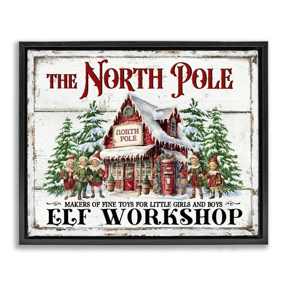 Stupell Industries North Pole Workshop Holiday Painting Black Floater Framed Canvas Art Prints Wall Art, 21 x 17
