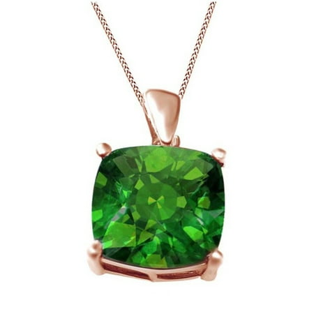 - 4.53 Carat 12mm Cushion Created Green Helenite Pendant Necklace 14k Rose Gold Over Sterling Silver