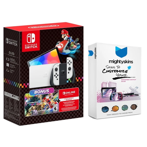 Nintendo Switch White OLED Console Mario Kart 8 Deluxe Bundle with MightySkins Console and Controller Skin Voucher