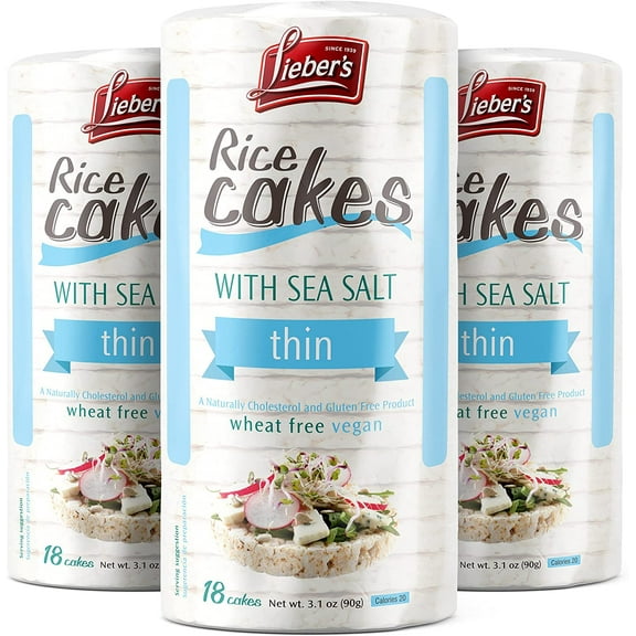 Lieber's Thin Plain Rice Cakes Sea Salt, Gluten Free, Vegan, 3.1 oz. (3 Pack)