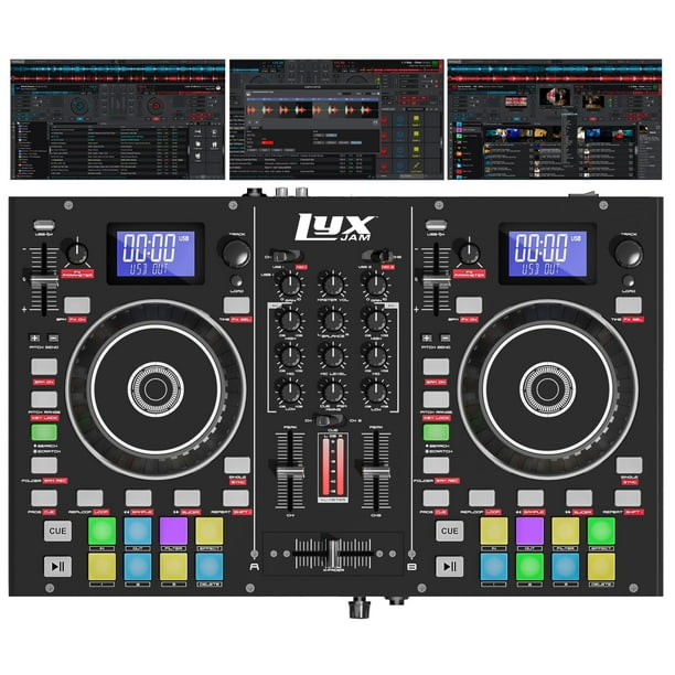 Controlador de DJ portátil LyxJam de 2 pisos, consola de mezclas con pantalla LCD | Bucle manual, USB, entrada de micrófono, salida de grabación, 16 pads de rendimiento con software Virtual DJ LE incl
