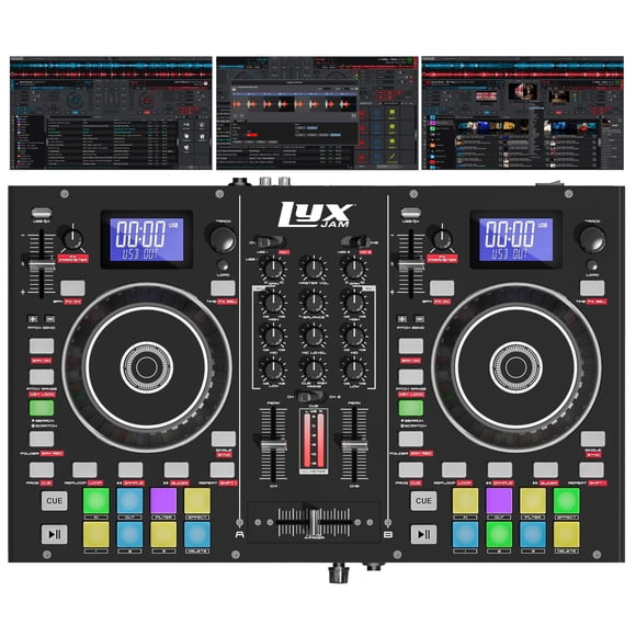 Controlador de DJ portátil LyxJam de 2 pisos, consola de mezclas con pantalla LCD | Bucle manual, USB, entrada de micrófono, salida de grabación, 16 pads de rendimiento con software Virtual DJ LE incl