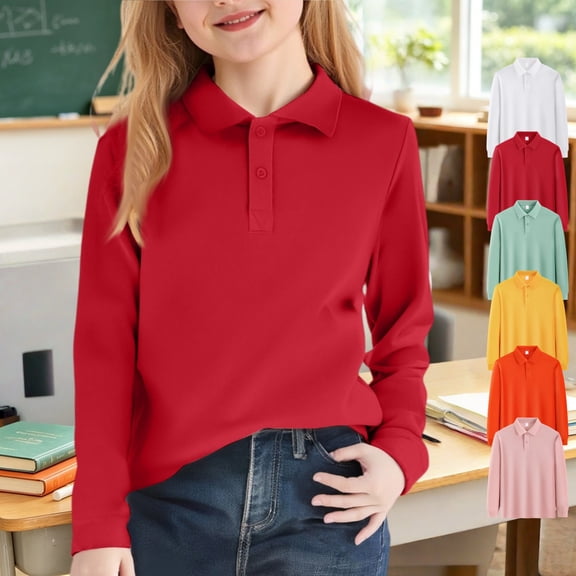 Mfakffe Polo Shirts for Toddler Girls Back To School Long Sleeve School Uniform Fall Lapel Collar Golf Shirts Casual Top (Red, 9-10 Years)