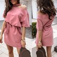 thumbnail image 3 of Zeus Robe Mini Élégante pour Femmes Couleur Unie Col Halter une Épaule Manches Courtes Ceinture Taille, 3 of 7