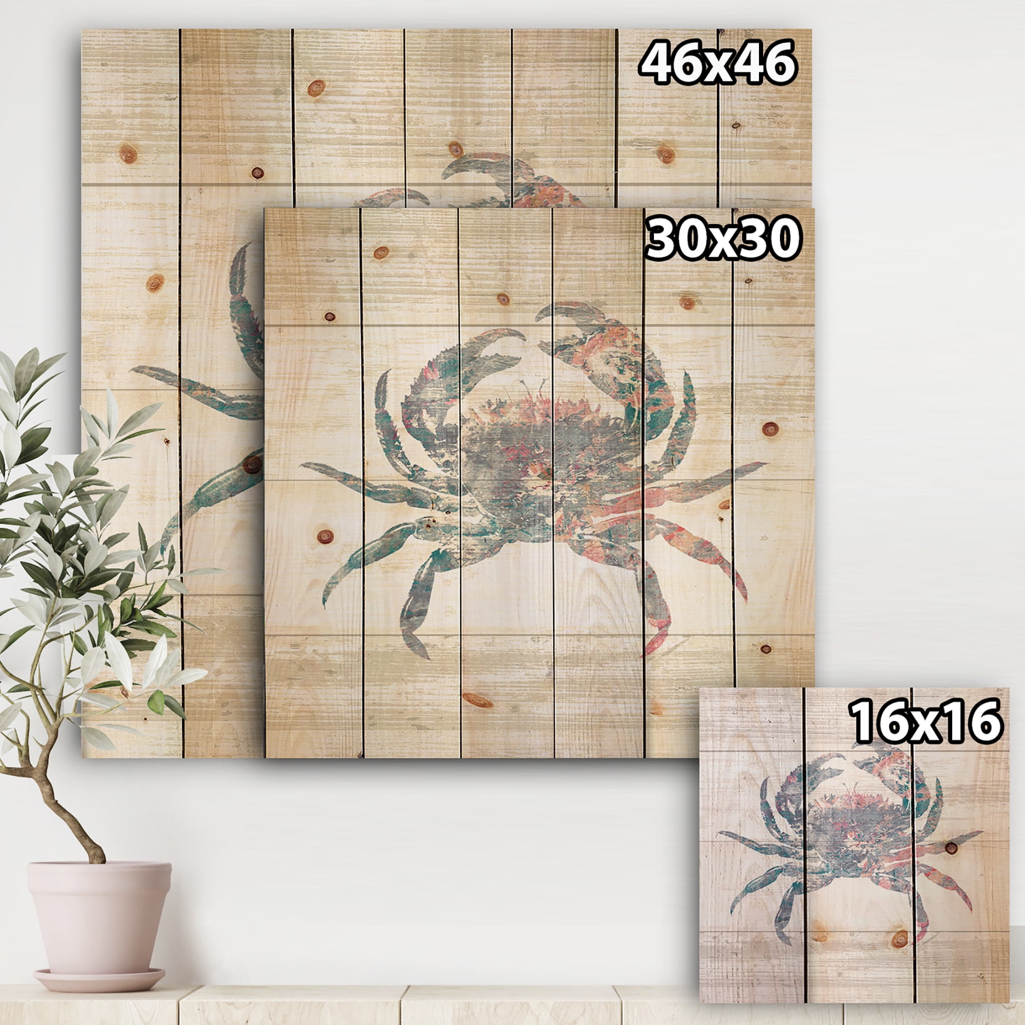 Designart 'Pink Crab Ocean Life' Nautical & Coastal Print on Natural Pine Wood