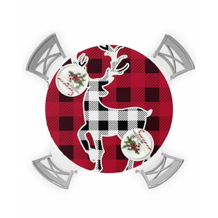 

Round Tablecloth with Elastic Black and Red Plaid Forest Animal Runner Elk Waterproof Stain-proof Table Cover Wipeable Fitted Table Cloths for 45 -54 Round Tables Dining Kitchen Indoor Outdoor Use