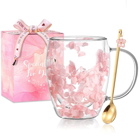 Gifts for Women Dried Flowers Double Wall Glass Coffee Mugs Cute Glass Tea Cups with Handles Autumn Mug Christmas Birthday Gifts for Best Friend Teacher Mum Gift New Home Gift Ideas Home Decor