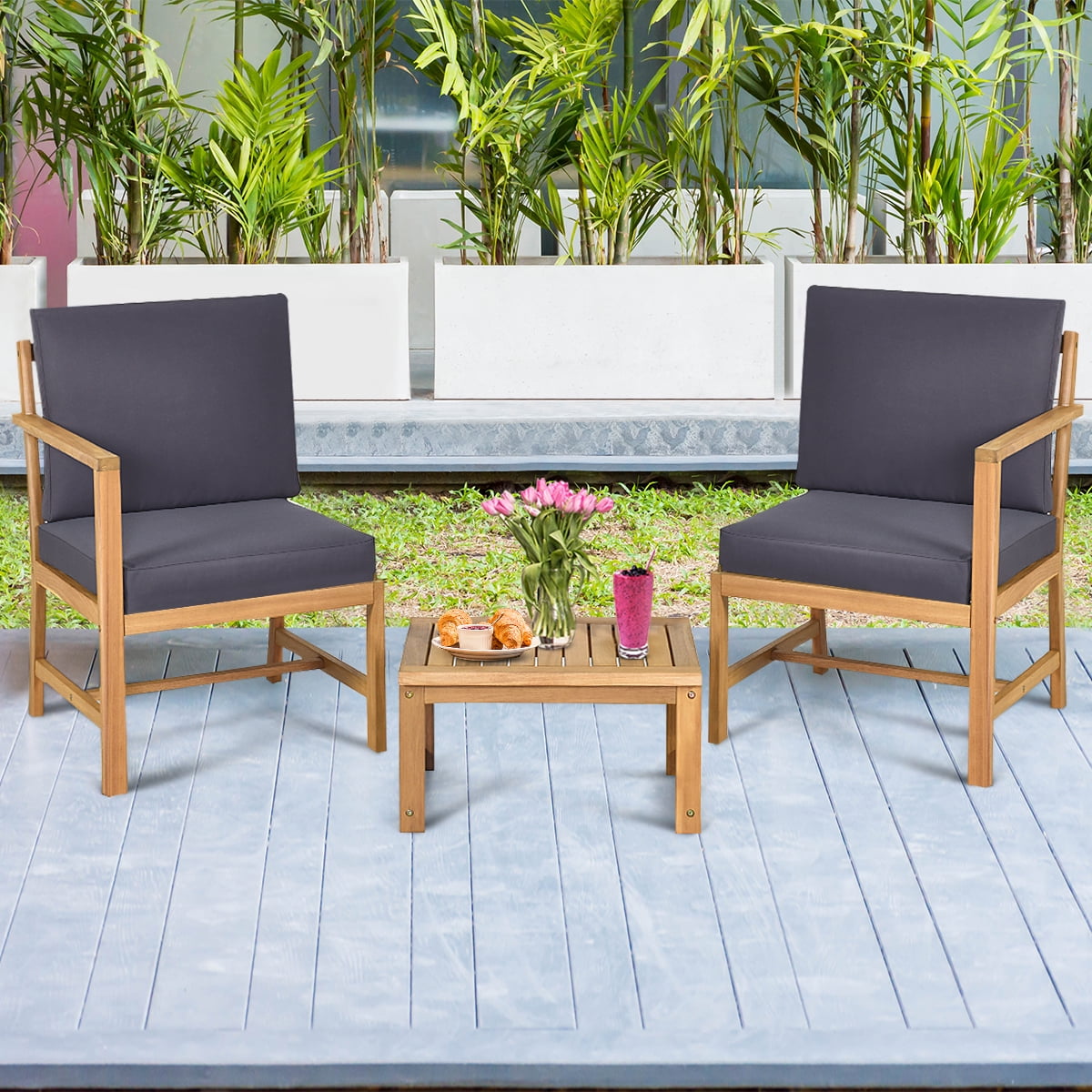 Costway 3 in 1  Patio Table Chairs Set Solid Wood Garden Furniture