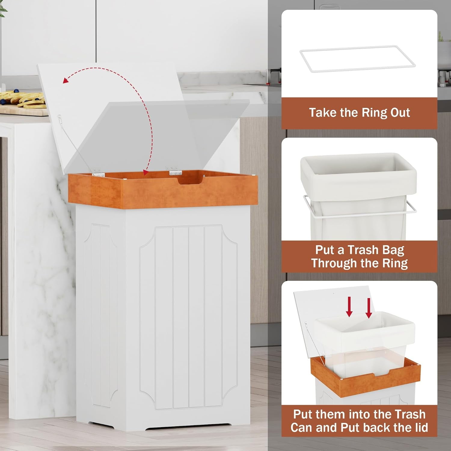 Trash Can Cabinet, 13 Gallon Kitchen Garbage Can, Wooden Recycling Trash Bin, Dog Proof Trash Can, Trash Cabinet with Lid for Home Kitchen Bathroom, White