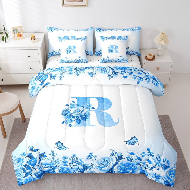 Erosebridal Letter Initial Bedding Sets Twin Size,Monogrammed Personalized Comforter Sets with Sheets,Flower Decor,Reversible,Breathable,7-Piece