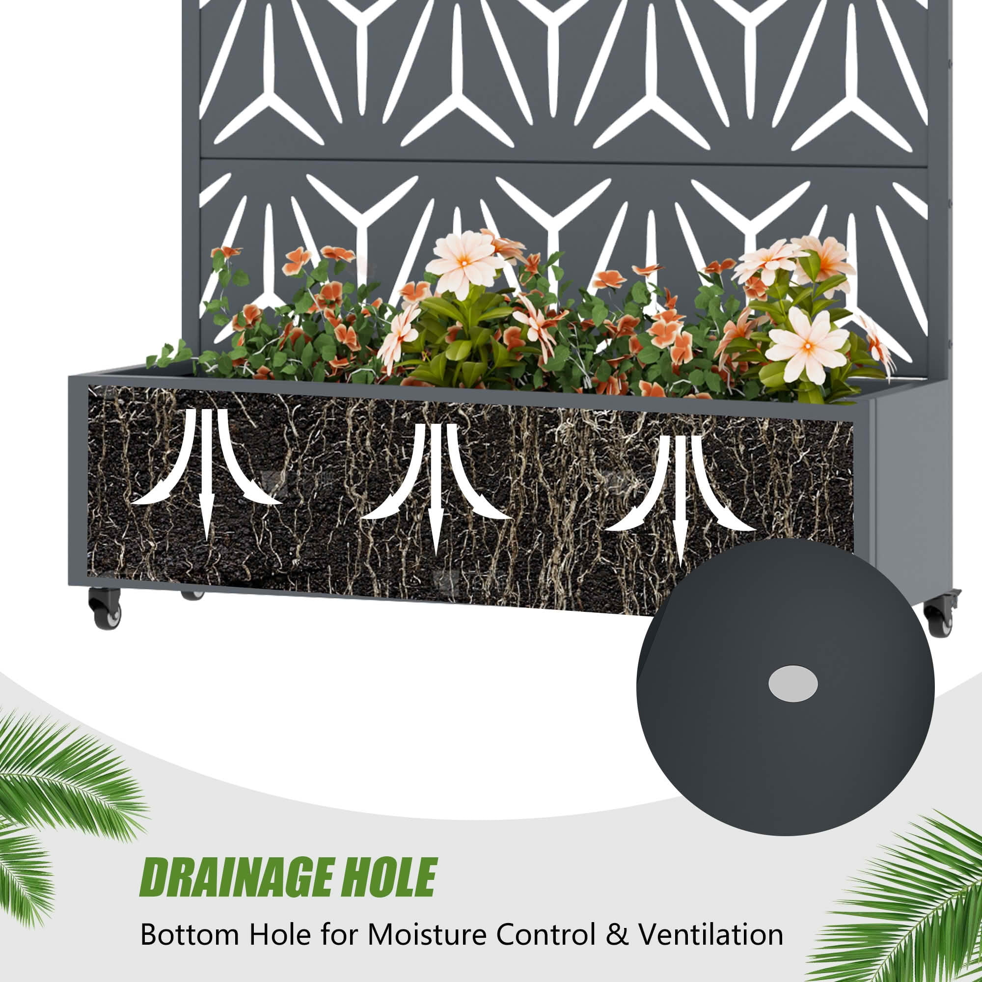 MAYEERTY 72X47" Metal Outdoor Cambrian Gray Privacy Screen with Planter Box for Backyard & Garden, 5 Piece Set