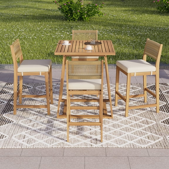 Christopher Knight Home 5 Pieces Patio Bar Set, 4 Bar Stools and Square Table, Wood Frames with Woven Backs, Beige