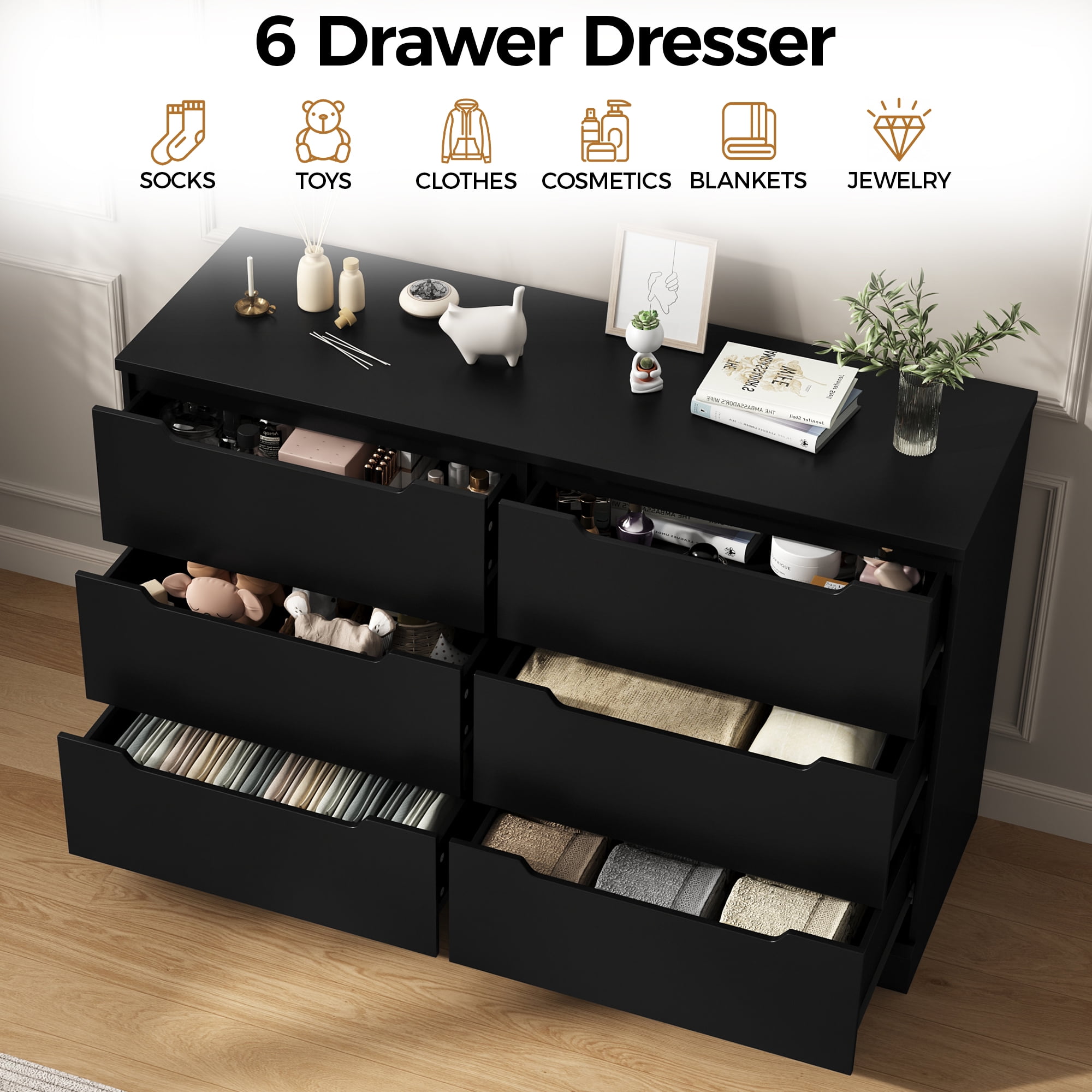 Black Dresser 6 Drawer Dresser for Bedroom, Modern Wooden Closet Dresser Living Room Hallway Entryway Cloakroom Dressing Room