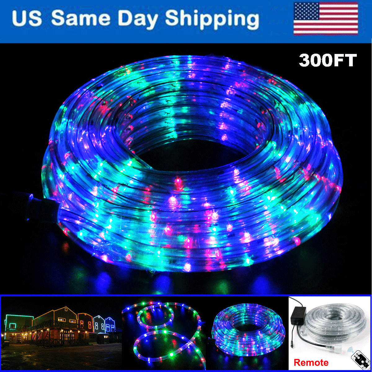 300 Ft LED Rope Lights multicolor Light with Remote Light Waterproof 4 Mode Landscape Light