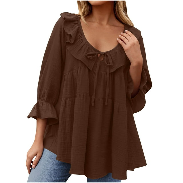 Timegard Hauts pour Femmes Col Rond à Cordon Volant Manches 3/4 Ample Été Plage Décontracté Blouse