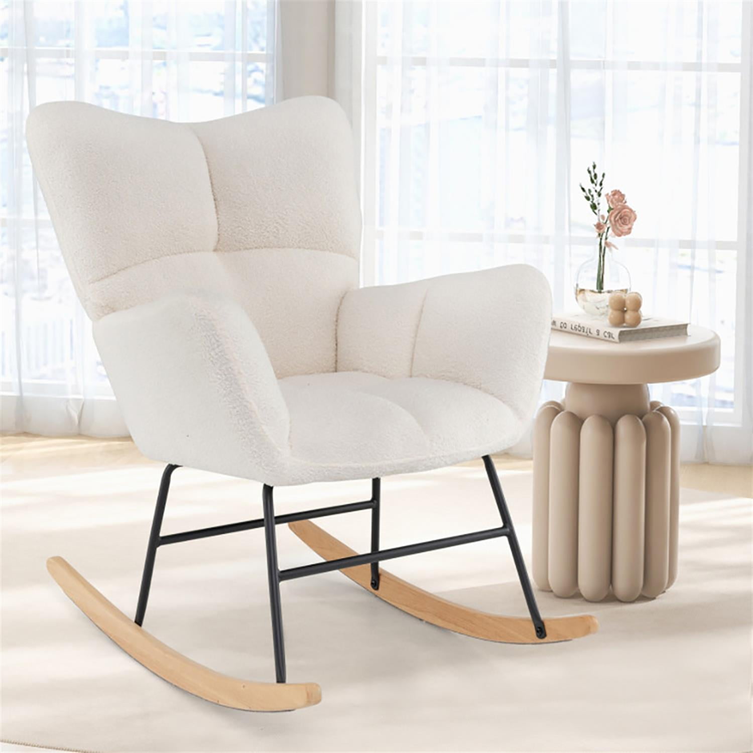 Demi Bonn Upholstered Rocking Chair, Accent Chair with Comfy Backrest and Armrest, Suitable for Home, Living Room and Bedroom, Beige
