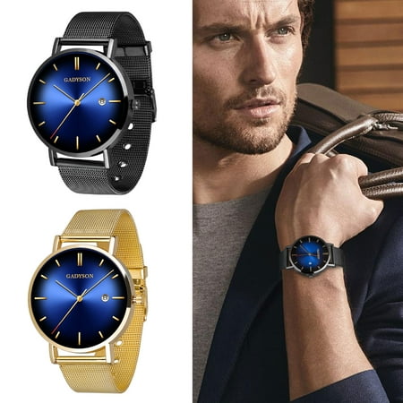 TSV Men's Minimalist Slim Watches Fashion Casual Analog Quartz Dress Watch for Men Classic Stainless Steel Mesh Band Business Sport Wristwatch with Round Dial, Calendar Display, 20mm, Gift