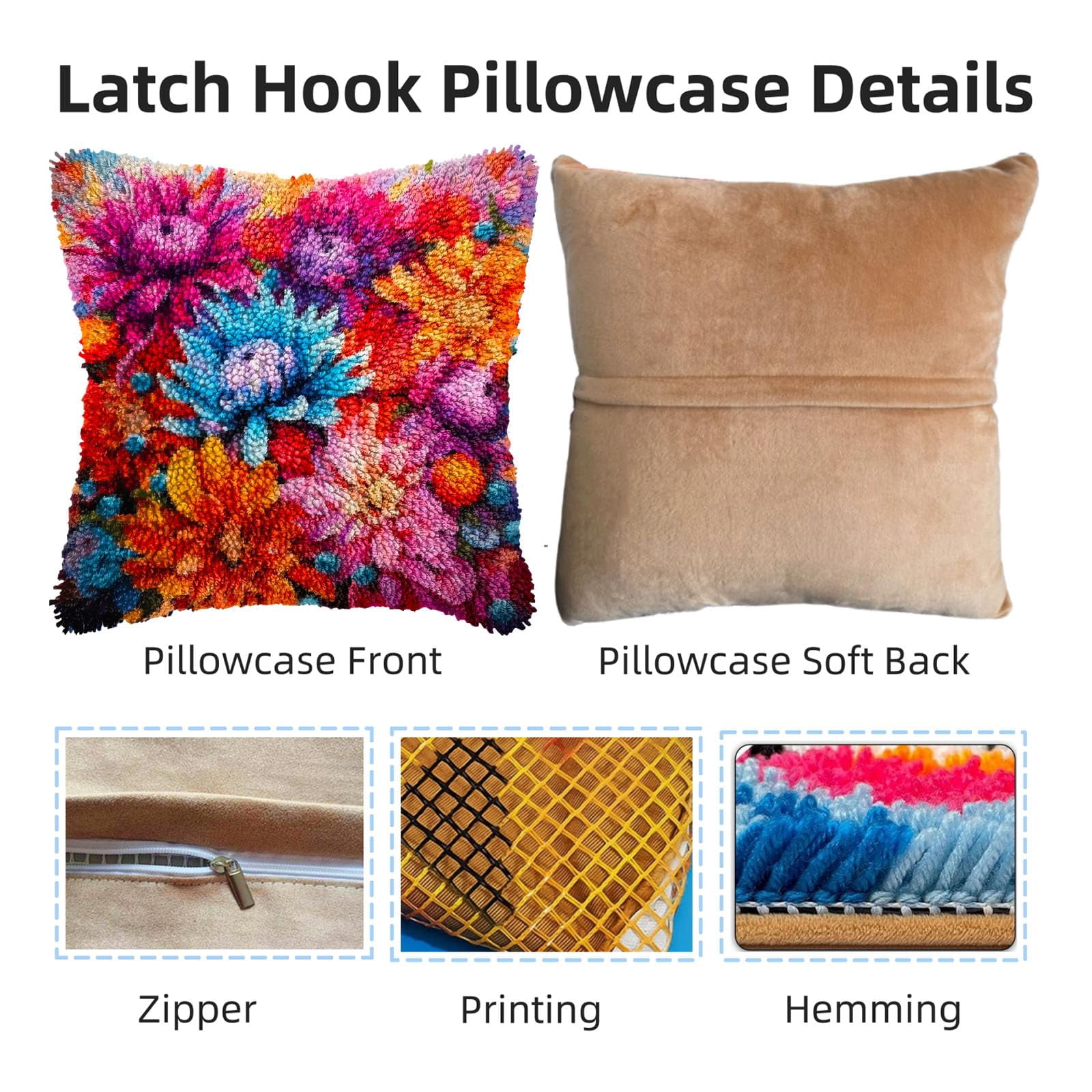 Colorful Beautiful Flower Chrysanthemum DIY Latch Hook Pillow Kits for Adults Printed Pillowcase Crochet Yarns Hooking Handmade Pillow Cover Cushion for Home Sofa Decoration 17x17inch