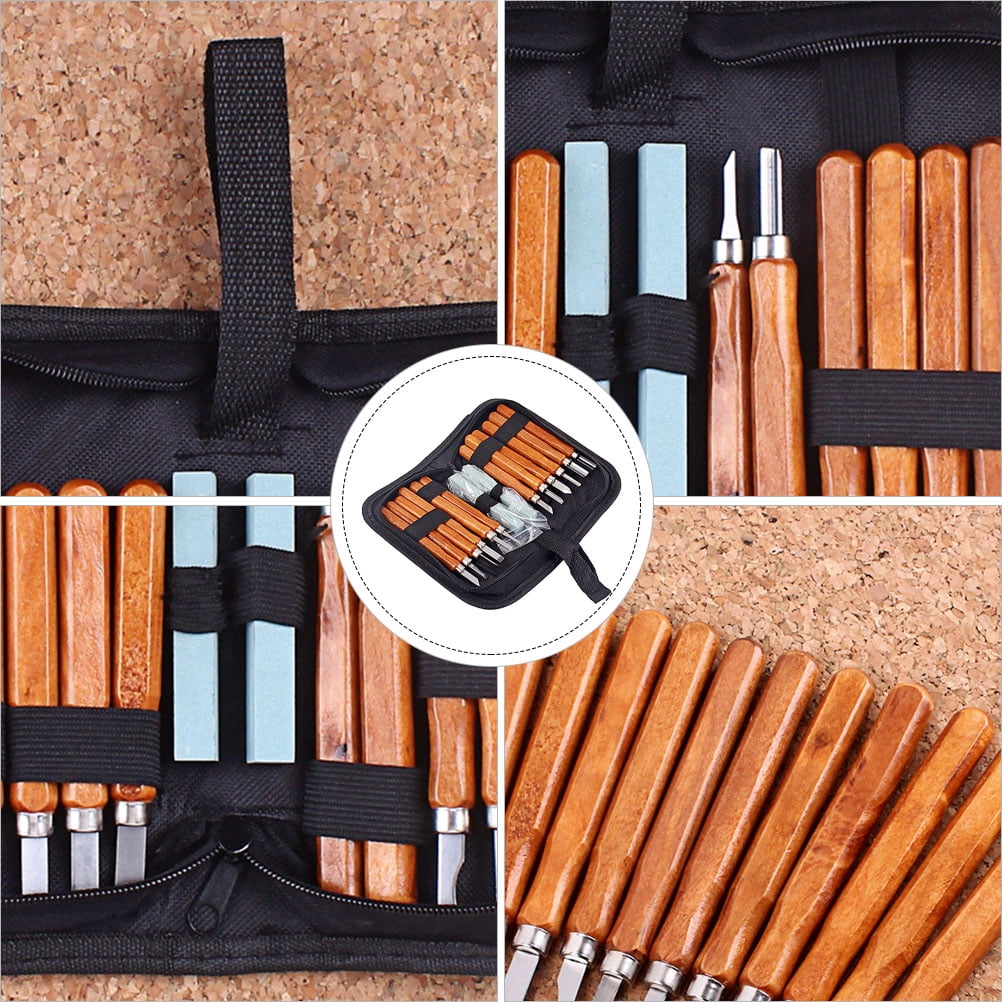 QIFULL Carving Chisel Tool Set with Brown Wooden Handle for Pine Hickory and Poplar Wood