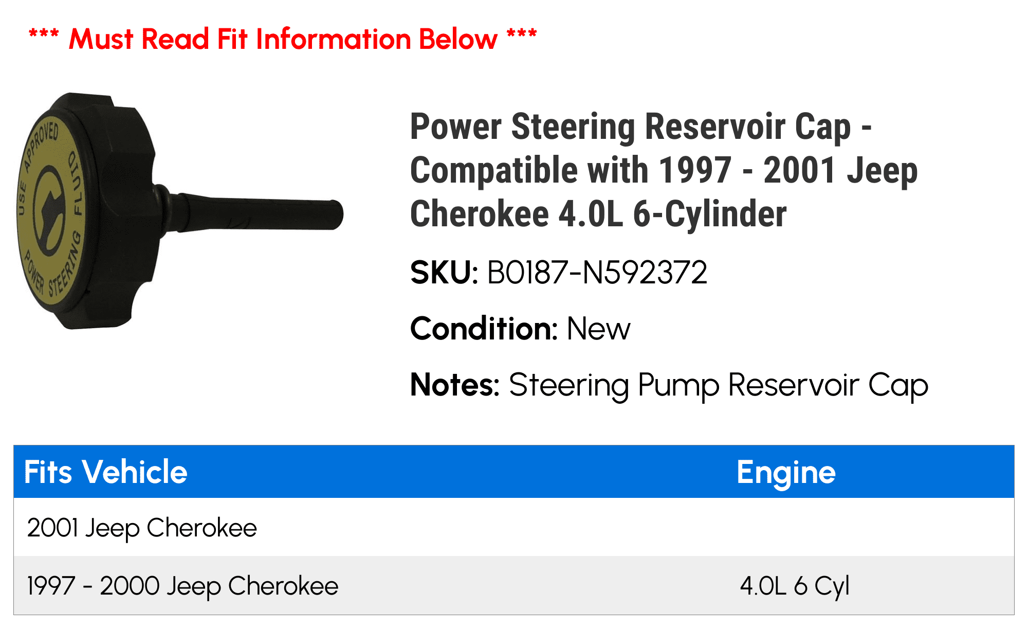 Power Steering Reservoir Cap - Compatible with 1997 - 2001 Jeep Cherokee 4.0L 6-Cylinder 1998 1999 2000