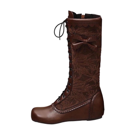 Xfvqtps Womens Lace up Knee High Boots Flat Round Toe Bow Decor Side Zipper Faux Leather Casual Winter Boots