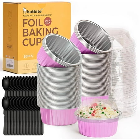 

Disposable Ramekins with Lids - 60 Pack 5oz Aluminum Foil Cupcake Baking Cups Muffin Tins for Creme Brulee Desserts Baking - Pink