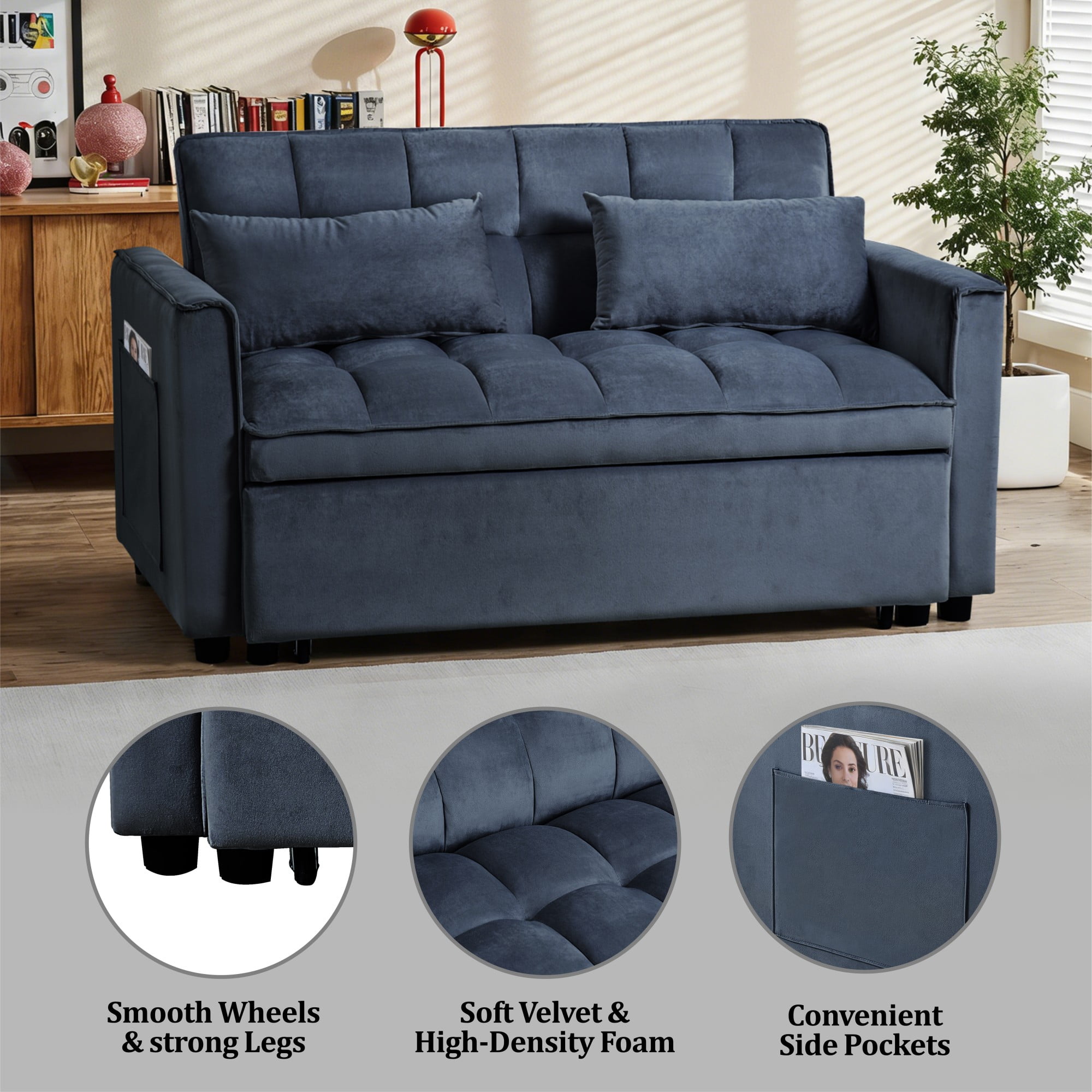 Gewnee 52.75 Inch 3 in 1 Convertible Sofa Bed,Velvet Pull Out Couch WITH Adjustable Backrest & Storage Pockets for Living Room,Apartment.Black