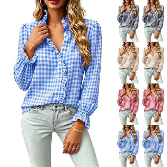 Women's Fashion Gingham Plaid Blouse Ruffle Trim Stand Collar Long Sleeve Shirts Button Down Loose Tunic Tops for Work Daily Wear Pink