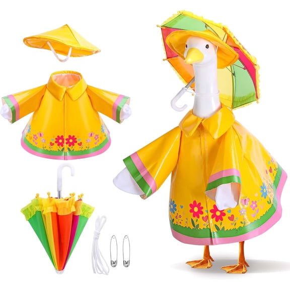 3 Pcs/Set Raincoat Porch Goose Outfits, Summer Lawn Goose Statue Raincoat Costume, Yard Goose Clothes Raincoats Umbrella Hat Outfit for 23" Statue Patio Garden Decoration (Yellow)