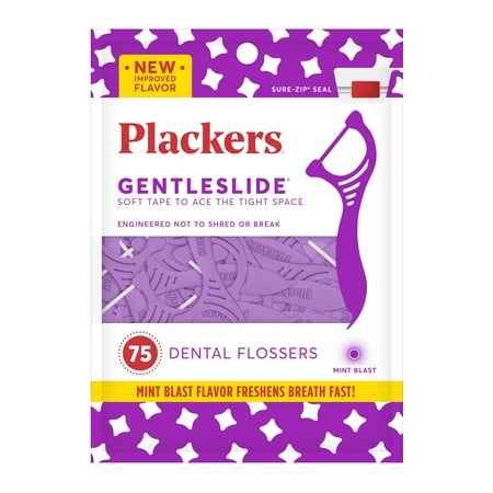 Plackers Gentleslide Dental Flossers, Gentle Clean, Soft Floss with Superior Strength, Built-in Tartar Pick, Mint Blast Flavor, 75 Count