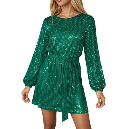 DGMIOCS Women’s Sequined Mini Dress with Long Sleeves for Everyday Wear—Elegant Party Attire Crafted for Spring and Autumn Green M